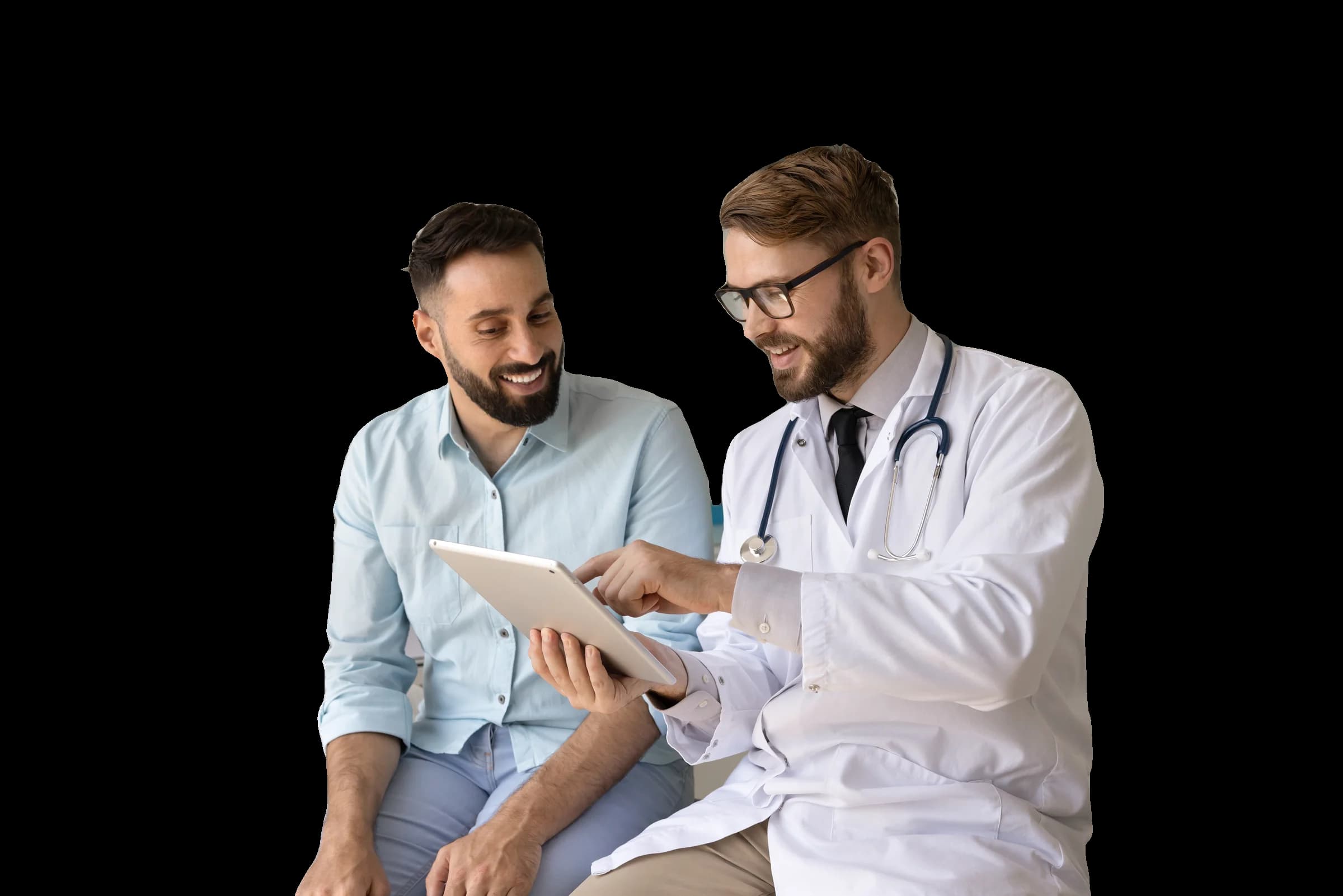 Doctor and patient reviewing information on tablet